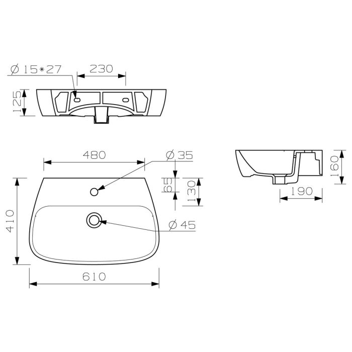 Dome 600x400mm 1TH Basin & Full Pedestal MTSP1146