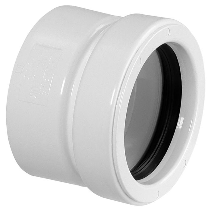 McAlpine HCUP50UKADAP 50mm x 2in Adapter, 90-degree PVC elbow, which is a plumbing fitting used to connect two lengths of PVC pipe at a 90-degree angle. It is typically used in drainage, water supply, and other piping systems. 