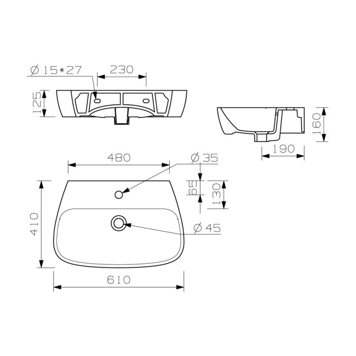 Ho 600x400mm 1TH Basin & Full Pedestal MTSP1090